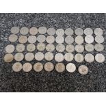 Bag containing 45 old UK coins, includes one shilling coins 1947-1966 and five pence coins (some