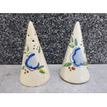 Clarice Cliff style cruet set of conical form salt and pepper handpainted in floral design with