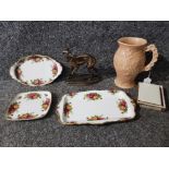 Three pieces of Royal Albert Old Country Roses pattern dishes, an Arthur Wood jug, a sculpture of