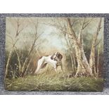 Oil on canvas painting, hunting dog scene signed J.Fox bottom left, unframed 61x46½cm