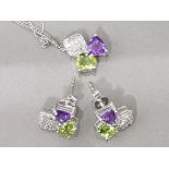 Ladies 9ct white gold stone set pendant & matching studs, studs are set with a amethyst, peridot and
