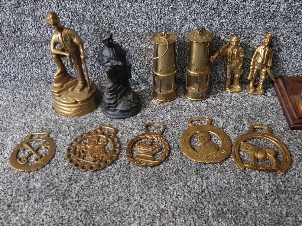 Brassware to include figures of miners and a pair of miniature miners lamps, horse brasses, - Image 2 of 3