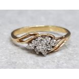 9ct gold 9 stone diamond cluster ring, 2.3g, size N