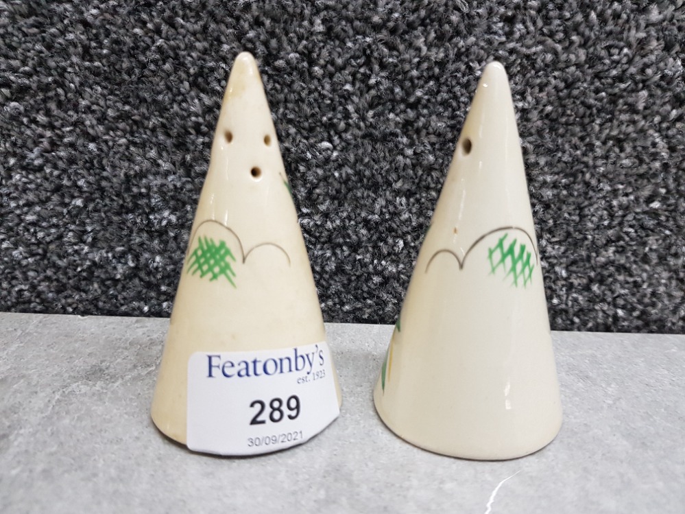 Clarice Cliff style cruet set of conical form salt and pepper handpainted in floral design with - Image 2 of 3