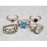 5 silver 925 dress rings 4 with coloured stones, 14.4g