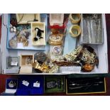 box of miscellaneous costume jewellery including rings, brooches, napkin rings and cased pen set