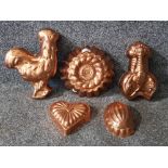 Five copper jelly moulds by Tagus Portugal.