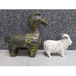 Heavy stoneware Bitossi style studio pottery horse marked KM, together with a white glazed studio