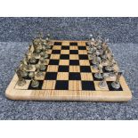 Vintage chess set with wooden board and metal ancient greek themed pieces