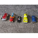 Corgi diecast toys Lunar Bug, Le Great Marvo and Batmobile, a Dinky truck and a wind up car.