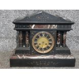 A Victorian slate and marble mantle clock with enamel brass Roman dial 39cm wide 33cm high.