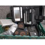 Box of miscellaneous electric items including in car DVD screens, Panasonic camcorder, pair of