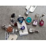 8 silver 925 pendants, mixed colour stones