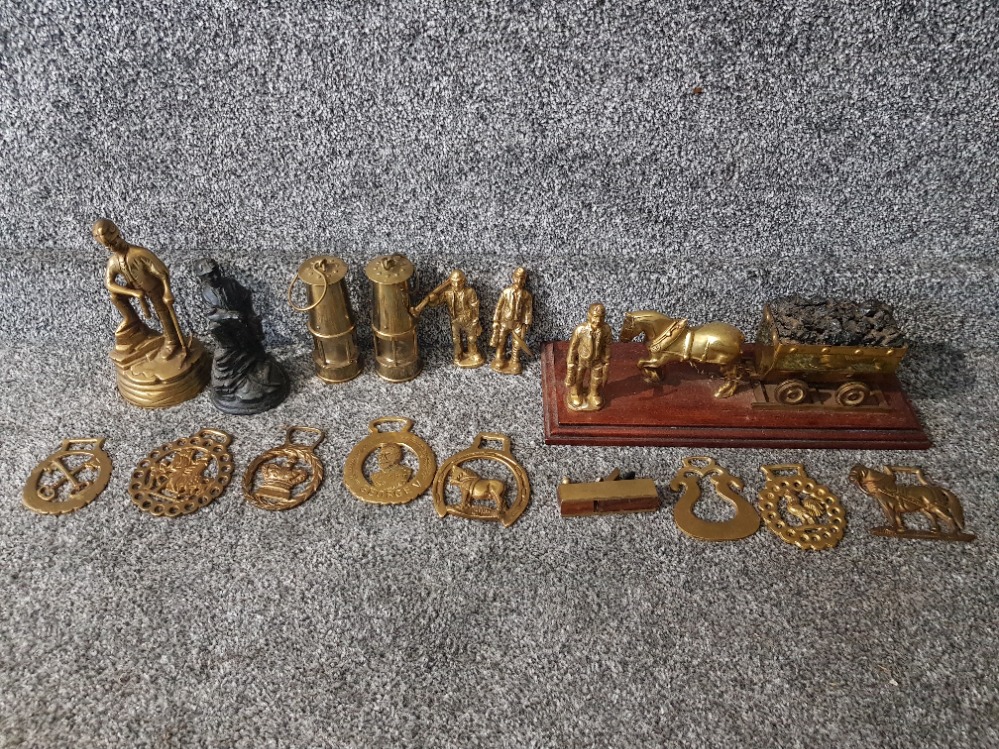 Brassware to include figures of miners and a pair of miniature miners lamps, horse brasses,