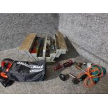 A metal cantilever tool box with contents, hand drills, Black & Decker Dustbuster etc.