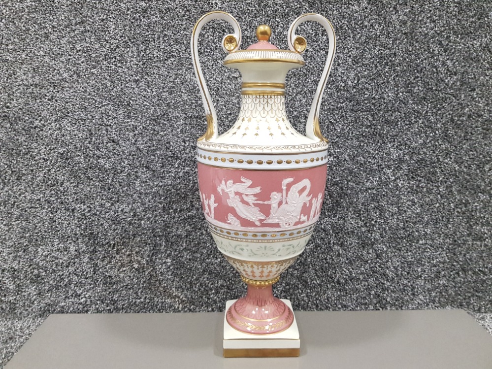 A 20th century Meissen style twin handles vase and cover of neo classical design with enamel and