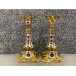 Royal Crown Derby pair of Old Imari patterned candlesticks (26.5cms)