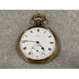 Gents 9ct gold open faced pocket watch. Featuring white dial and black Roman numerals and blue