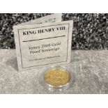 22ct gold proof King Henry VIII Jersey 2009 sovereign coin with certificate