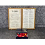 Snooker and Billiards rules framed and tournament champion snooker balls in original box