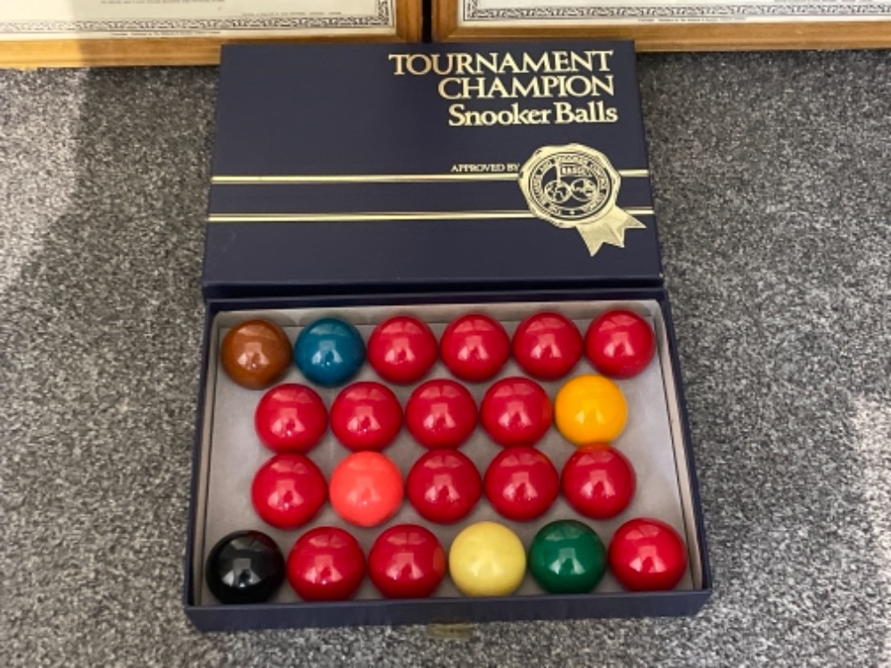 Snooker and Billiards rules framed and tournament champion snooker balls in original box - Image 2 of 3