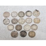 17 silver coins including three-pence & 3D, dates vary 1846-1939