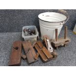 Mixed lot including Vintage Enamel bucket, Stanley plane, woodworking tools & tub of mixed door