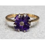 Ladies 9ct yellow gold amethyst and diamond ring, 2g, size L½