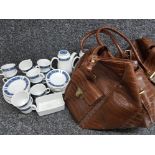 Leather Bag containing blue & white ridgway steelite tea ware in marina pattern, 60 pieces in total