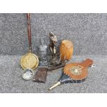 Mixed items including terracotta figure, fire bellows, vintage wooden barrel with lid etc