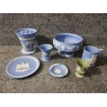 Wedgwood blue jasperware to include a fruit bowl, vase, tankard etc.