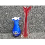 Red & clear glass Murano bud vase, 11½" together with a blue glass vase