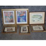 A watercolour by Lesley Hawkes "Bassenthwaite", three Egyptian pith paintings and two signed