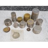 Tub containing mixed New Zealand coinage including 10,20 & 50 cent coins, plus a converted coin