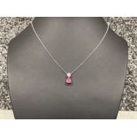 Ladies 9ct white gold Pink topaz and Diamond pendant with white gold belcher chain