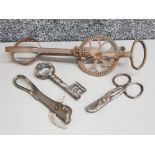 Antique kitchen whisk bull head can opener GPO card scissors plus key corkscrew