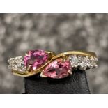 Ladies 9ct gold pink topaz and CZ ring. Size M 2.3G