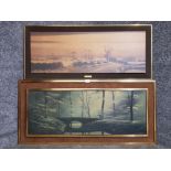 Two colour prints "November Evening" after M Winterbourne and moonlit bridge scene after Michael