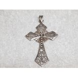 A silver filigree cross pendant 8.7g 7.5cm long.