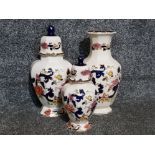 2 Masons ironstone lidded vases & 1 large vase, all in Mandalay pattern