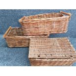 2 wicker twin Handled baskets & wicker lidded picnic basket