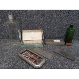Three Rolls razors with small strop and two chemist's bottles one being poison.