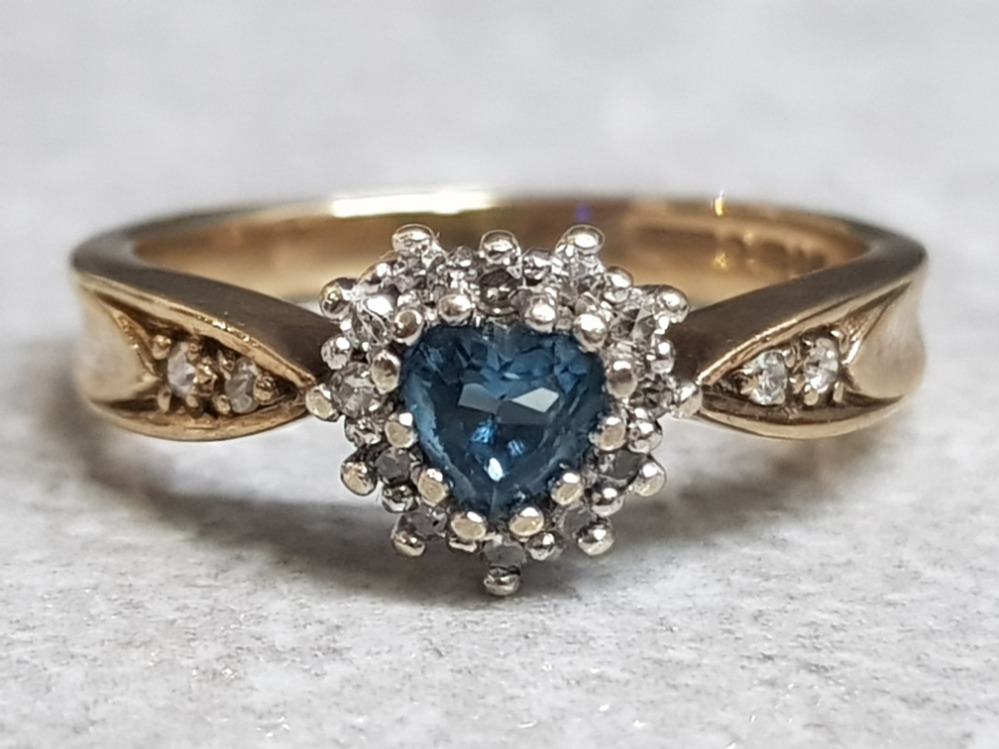 9ct yellow gold topaz & diamond ring, heart shaped topaz surrounded by small diamonds and 2 more