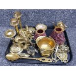 Tray of vintage brass including candle sticks, minature scuttle, teapot etc