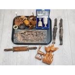 Tray of treen and cased soapstone goblets to include oriental block carving, Indian carving set,