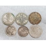 2 silver one shilling coins 1897 & 1914 together with 2x silver 1921 one Florin coins & 1947 two