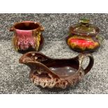 3 x Studio pottery items including Gravy boat