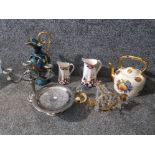 A large model teapot by KLM, two Victorian jugs, silver plated candelabra etc.