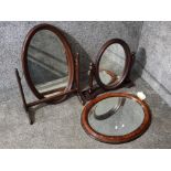 2 mahogany framed oval shaped dressing table mirrors plus 1 hanging wall mirror