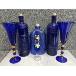 6 vintage blue glass items includes 3 bottles with corks & pair of drinking glasses etc